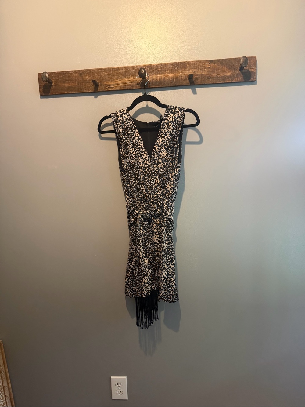 BCBG Black and White Sleeveless Printed Romper with Fringe Tie